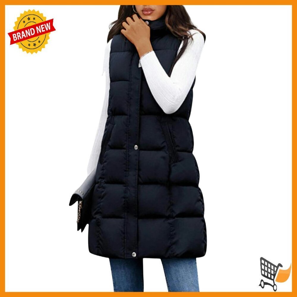 Women's Long Puffer Vest Sleeveless Hooded Jacket Lightweight Warm